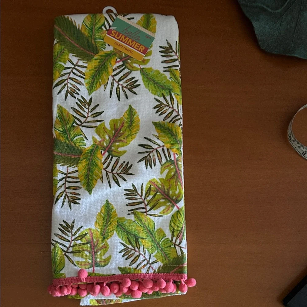 Tropical Leaf Print Kitchen Towel with Pink Trim